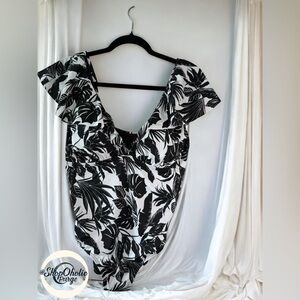 CUTE swim suit Black White Floral One Piece Swimsuit size 14 NWT